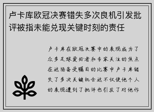 卢卡库欧冠决赛错失多次良机引发批评被指未能兑现关键时刻的责任