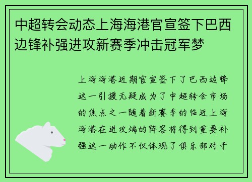 中超转会动态上海海港官宣签下巴西边锋补强进攻新赛季冲击冠军梦
